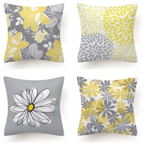 KZQ - Juego de 4 fundas de almohada amarillas de 18 x 18 pulgadas, decorativas en gris para sofá, con margaritas modernas, para sala de estar, cama, decoración del hogar en amarillo y gris.