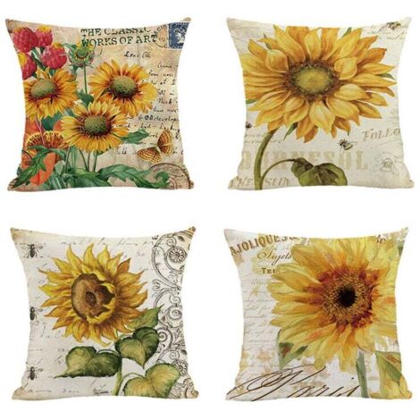 KZQ Juego de 4 fundas de almohada de 45 x 45 cm, decoración rústica, fundas de almohada de lino y algodón con diseño de girasol, fundas de almohada cuadradas
