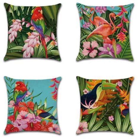 KZQ Juego de 4 fundas de cojín de 45 x 45 cm con diseño de pájaros, flores, plantas tropicales y hojas tropicales, de algodón y lino, para sofá cama.