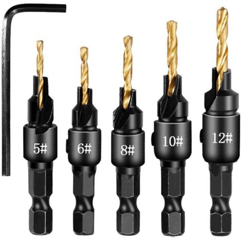 KZQ Juego de 5 brocas avellanadoras con vástago hexagonal, accesorios para herramientas eléctricas de carpintería de plástico y metal (5/6/8/10/12)
