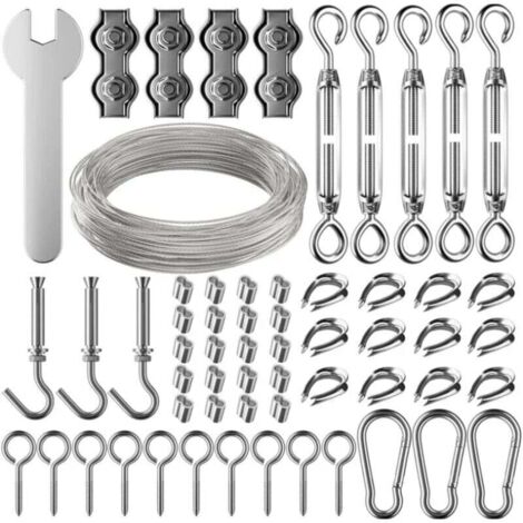 KZQ Kit de cuerda colgante de acero inoxidable de 30 m, cable de acero inoxidable recubierto de 2 mm con tensor y ganchos, para colgar luces, plantas trepadoras, tendederos, cortinas de pérgola y
