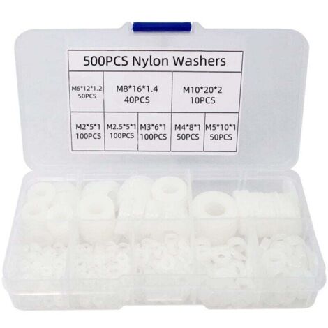 KZQ Kit surtido de 500 arandelas planas de nailon, arandelas planas aisladas, juntas redondas y anillos de sellado para tuberías, M2/M2.5/M3/M4/M5/M6/M8/M10 (Blanco)
