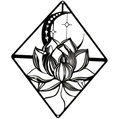 KZQ Lotus - Arte de pared de metal, diseño de flor de lirio y luna, color negro, para colgar en el jardín, escultura de acero, para Navidad, Halloween, decoración del hogar, interior y exterior, estét