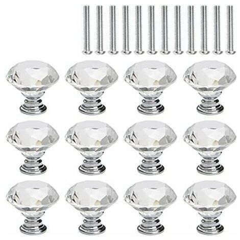 KZQ Möbelknöpfe aus Kristallglas, für Schranktüren, Rautenform, klares Glas, silberne Basis, 12 Stück