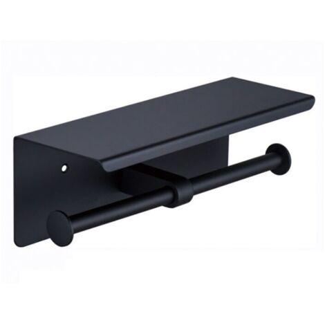 KZQ Nero – 27 x 11 x 10 cm – Porta carta igienica in acciaio inox con supporto per smartphone, capacità 2 rotoli, acciaio inox