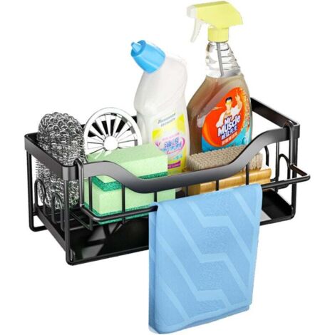 KZQ Organizador de fregadero de cocina, soporte de esponja de acero inoxidable con bandeja autodrenante, organizador de almacenamiento de cocina con toallero