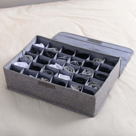 KZQ Organizador de ropa interior, calcetines y corbatas con tapa, 30 compartimentos plegables para cajones de armario, caja para guardar bufandas y lencería (30 compartimentos, gris)