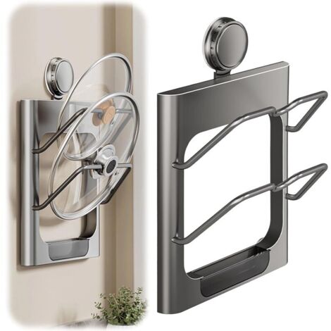 KZQ Organizer per coperchi di pentole con ventosa, pratico supporto a parete con vaschetta per l'acqua, senza fori, per cucina (grigio)
