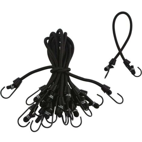 KZQ - Paquete de 10 mini cuerdas elásticas de látex negras con ganchos metálicos resistentes para equipaje, camping y bicicletas (35 cm)