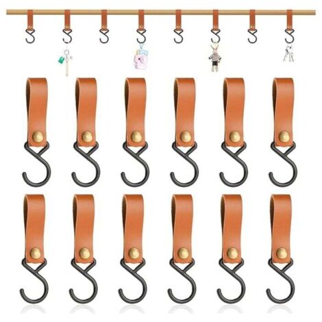 KZQ - Paquete de 12 ganchos en forma de S de cuero, multifuncionales para baño y cocina, ideales para colgar artículos de camping, cochecitos, abrigos, toallas y utensilios de exterior (marrón)