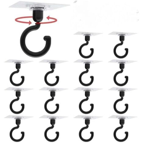 KZQ - Paquete de 15 ganchos adhesivos para techo, giratorios 360°, sin agujeros y con escobilla de goma, aptos para baños y cocinas, carga máxima 3 kg (negros)