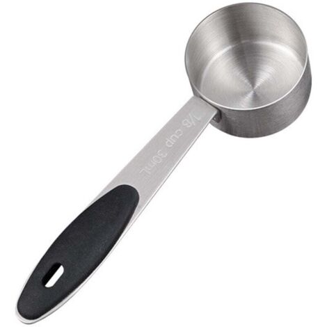 KZQ Paquete de 2 cucharas medidoras de café de 30 ml, cuchara medidora de 1/8 de taza, cuchara medidora de café de acero inoxidable de 30 ml con mango de silicona negra, cuchara medidora de café d