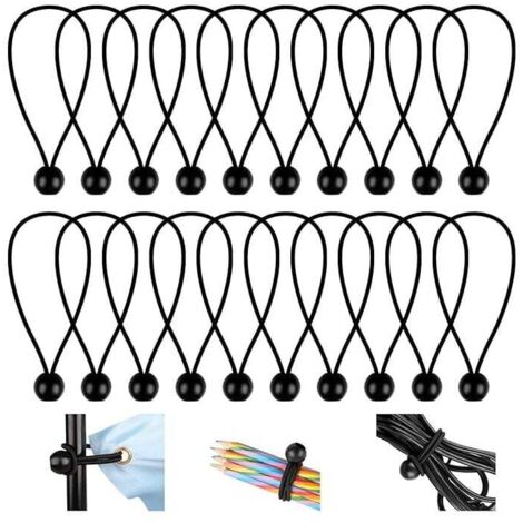 KZQ - Paquete de 20 tensores elásticos de 150 mm, flexibles, con bola, resistentes, para pancartas, lonas, camping y tiendas de campaña (negro)