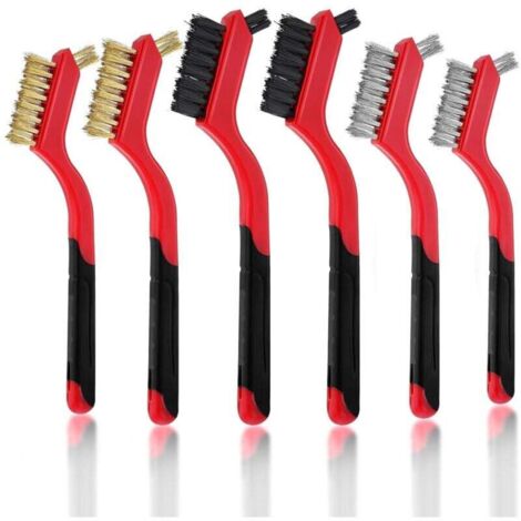 KZQ Paquete de 6 cepillos de alambre pequeños de nailon/latón/acero inoxidable para limpiar óxido, cerdas rígidas multiusos, cepillos de alambre para limpiar óxido, escoria de soldadura y