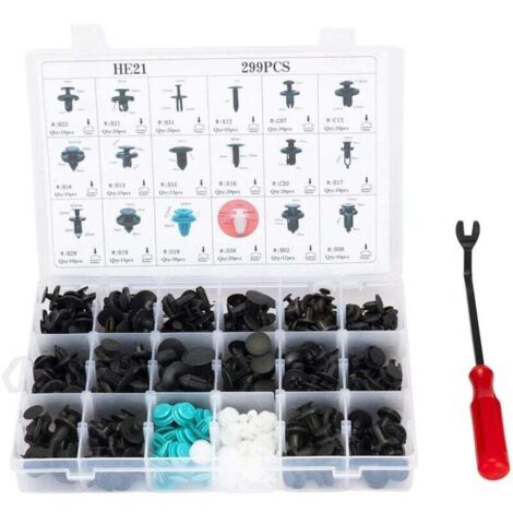 KZQ Piezas de automóvil, juego de 299 clips de sujeción de plástico y nailon para automóvil, 18 tamaños, con remache de empuje y herramienta de carga, para parachoques, guardabarros, clips.