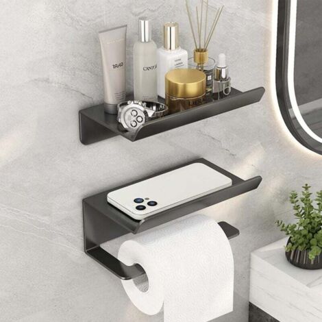 KZQ Portarrollos de papel higiénico con estante y soporte para móvil, de pared o autoadhesivo, color gris
