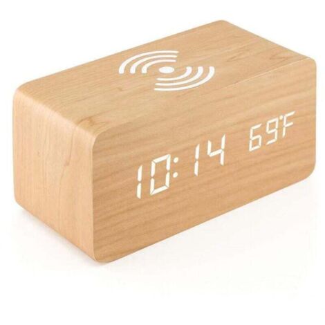 KZQ Reloj despertador de madera con base de carga inalámbrica, compatible con iPhone y Samsung. Reloj digital LED de madera con función de control de sonido, fecha y hora para oficina. Madera, 16
