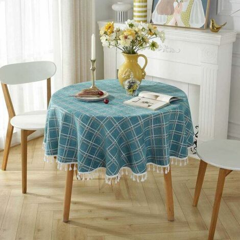 KZQ Runde Tischdecke aus Baumwollleinen, schmutzabweisend, mit Fransen, waschbar, Tischschutz, 140 x 140 cm