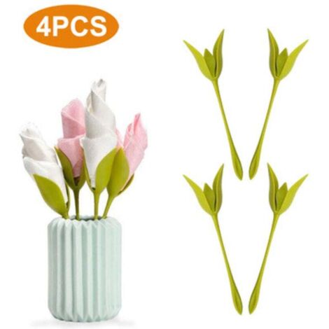 KZQ Servilleteros para mesa, set de 4 servilleteros de plástico con tallos verdes con capullos de flores retorcidos y servilletas blancas para crear originales arreglos de mesa.