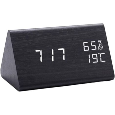 KZQ Sveglia digitale in legno, temperatura e umidità, display LED trasparente, orologio da comodino in legno (nero)
