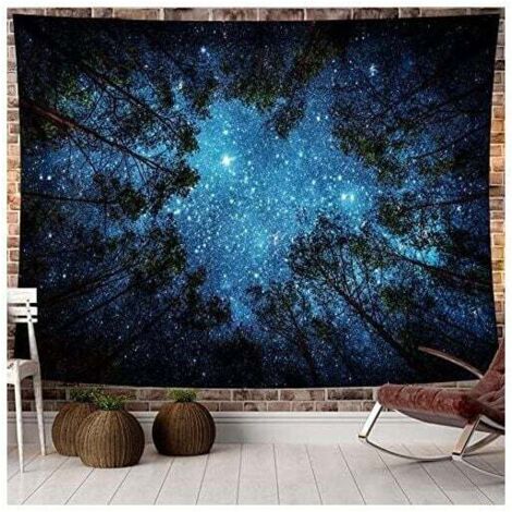 KZQ Tapiz de pared de bosque estrellado misterioso de 150 x 130 cm, tapiz psicodélico con estampado de árboles forestales, manta de playa estampada para dormitorio, sala de estar, decoración de pared 