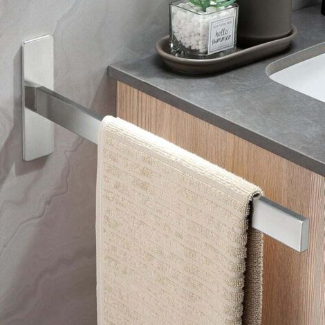 KZQ Toallero de un solo brazo sin perforar de acero inoxidable para baño, toallero de pared cepillado, autoadhesivo, plateado, para invitados, para baño y cocina
