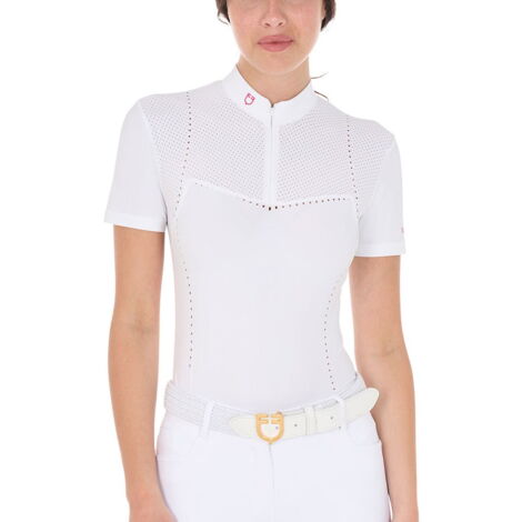 L, Bianco e rosa caprifoglio: Polo a mezza manica per concorso da donna slim fit in tessuto tecnico traforato con zip