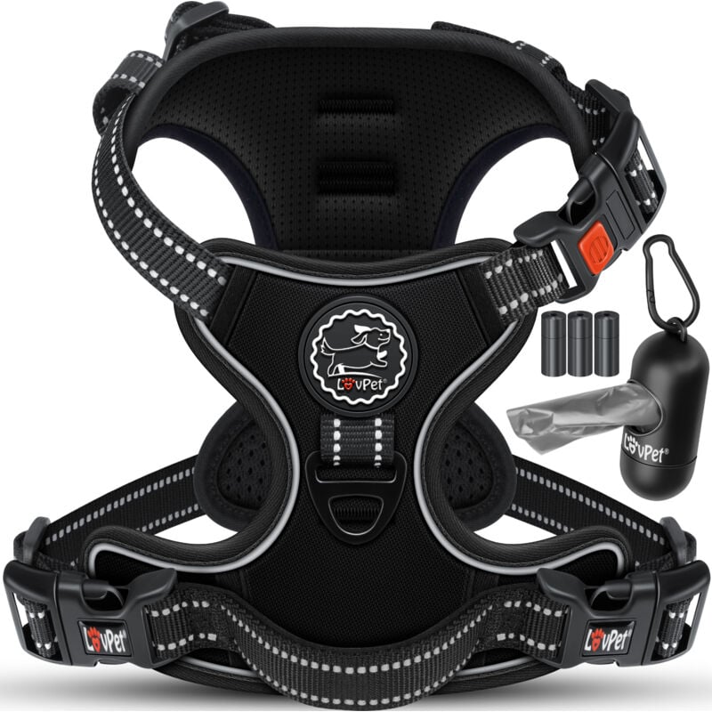 Harnais sans traction & sans étranglement pour chiens & chiots Harnais respirant & souple réfléchissant Harnais no pull avec rouleaux de sacs Noir /