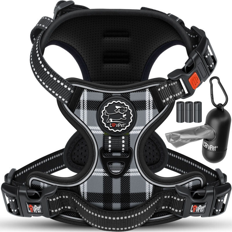 Harnais sans traction ni étranglement pour chiens et chiots Harnais respirant & souple réfléchissant Harnais no pull avec rouleaux de sacs Gris / xl