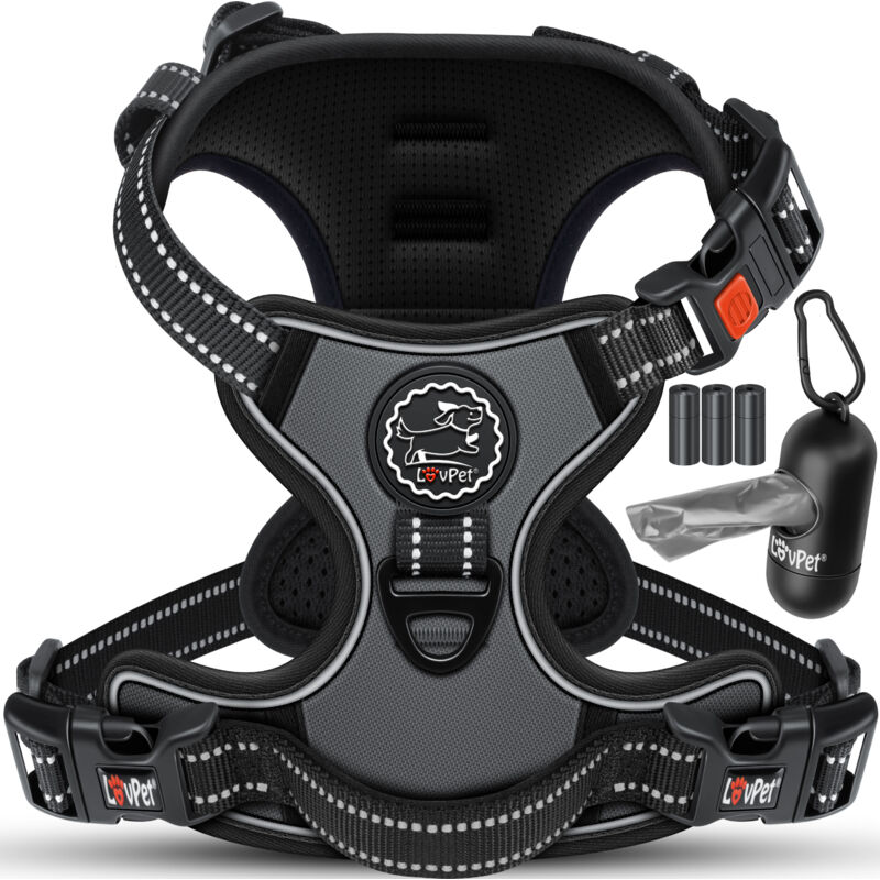 Harnais sans traction ni étranglement pour chiens et chiots Harnais respirant & souple réfléchissant Harnais no pull avec rouleaux de sacs Anthracite