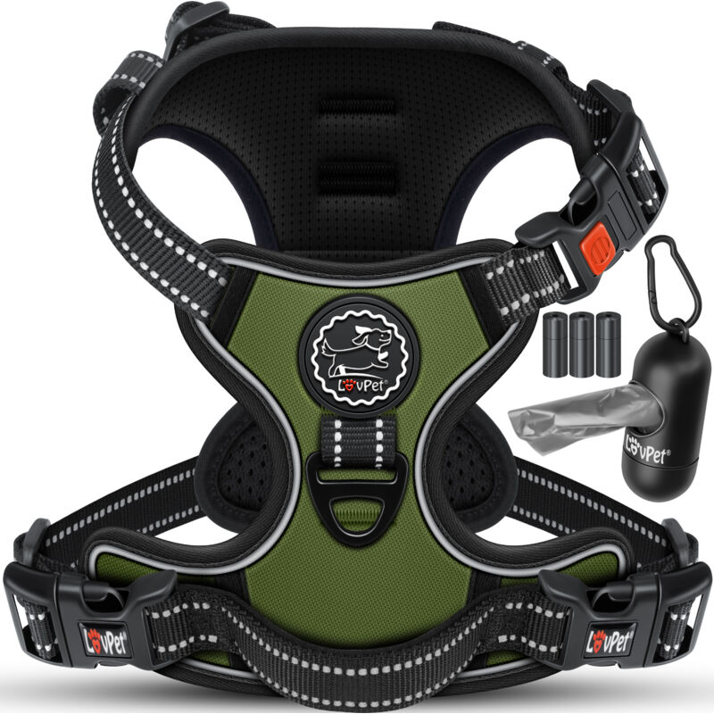 Harnais sans traction ni étranglement pour chiens et chiots Harnais respirant & souple réfléchissant Harnais no pull avec rouleaux de sacs xl / Kaki