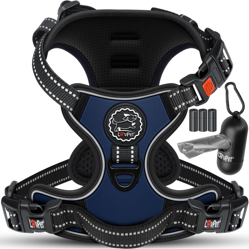 Lovpet® Harnais sans traction ni étranglement pour chiens et chiots Harnais respirant & souple réfléchissant Harnais no pull avec rouleaux de sacs Bleu marine / XS