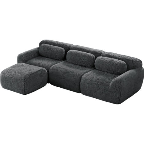 L-förmiges modulares Sofa, Plüschstoff, rahmenloses Tiefsofa, keine Montage, mit Kissen. Weich, hochelastischer Schaumstoff, rutschfester Boden, geeignet für Wohnzimmer, Schlafzimmer, Grau