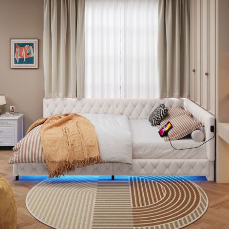 L-förmiges Schlafsofa 140 x 200 cm, Mädchenbett, Kinderbett, Einzelbett, mit Ambientelicht, Ladeanschluss, bequemer Teddy-Samt, Beige