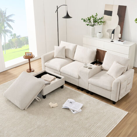 L-förmiges Sofa 229 x 149,5 x 83 cm, modular, mit Mittelkonsole, Getränkehalter und USB-Anschlüssen. Bezug aus beigefarbenem Cord.