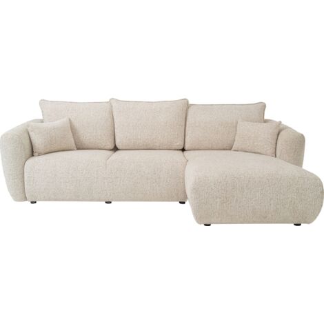 L-Form Ecksofa – Rechts – Modernes Sofa mit Schlaffunktion und Bettkasten – Liegefläche 210 × 140 cm – Ecru Strukturstoff Chenille