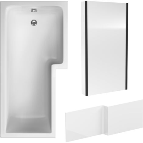 L Shape 1700x850 Shower Bath Set – Front Panel & Black Fixed Return Screen, Right Hand