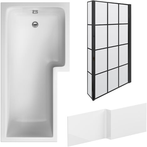 L Shape 1700x850 Shower Bath Set – Front Panel & Black Grid Fixed Return Screen, Right Hand
