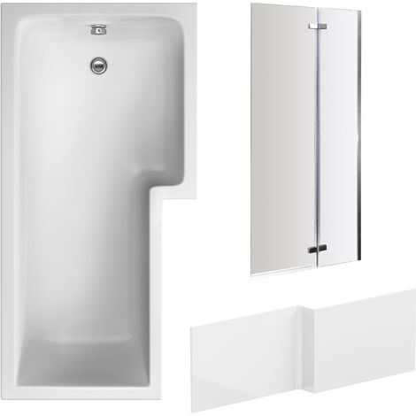L Shape 1700x850 Shower Bath Set – Front Panel & Chrome 2 Panel Center Hinge Screen, Right Hand