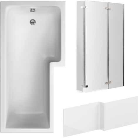L Shape 1700x850 Shower Bath Set – Front Panel & Chrome 3 Panel Center Hinge Screen, Right Hand