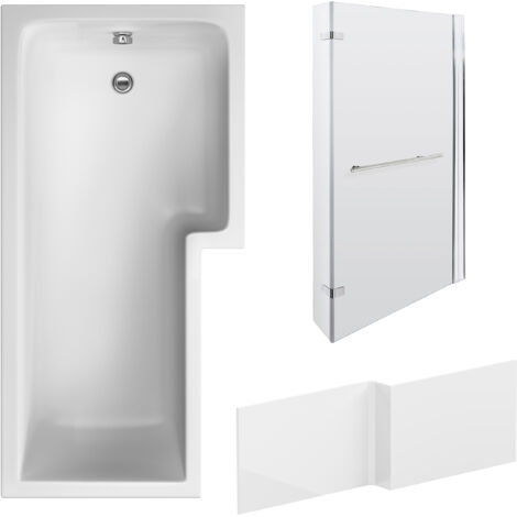 L Shape 1700x850 Shower Bath Set – Front Panel & Chrome Fixed Return Screen with Towel Rail, Right Hand