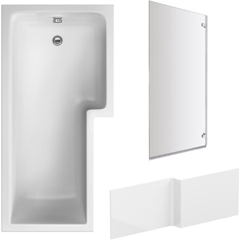 L Shape 1700x850 Shower Bath Set – Front Panel & Chrome Square Hinge Screen, Right Hand