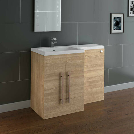 main image of "L Shape Bathroom Furniture Cabinet Combination Vanity Unit Basin Left Hand Oak"