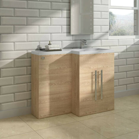 main image of "L Shape Bathroom Furniture Cabinet Combination Vanity Unit Basin Right Hand Oak"