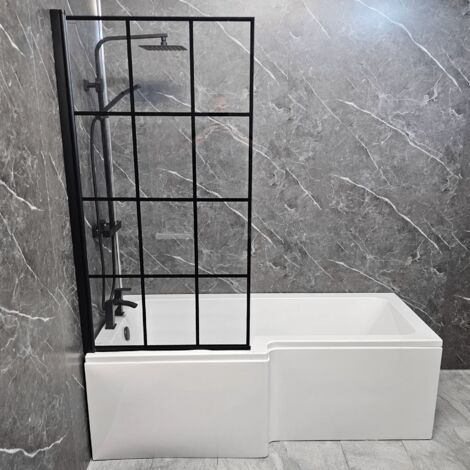L Shape Shower Bath with Black Grid Bath Screen Front Panel 1700mm Left Hand, No