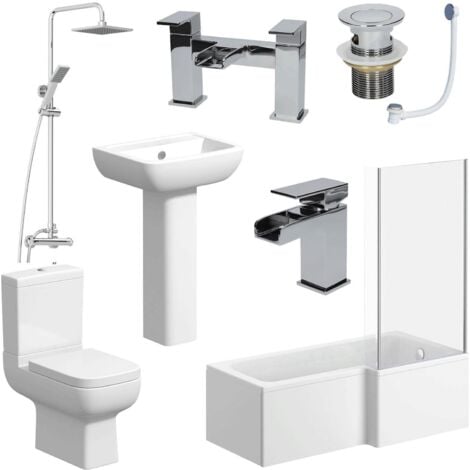 L Shaped Bathroom Suite RH Bath Screen Shower Toilet Basin Tap