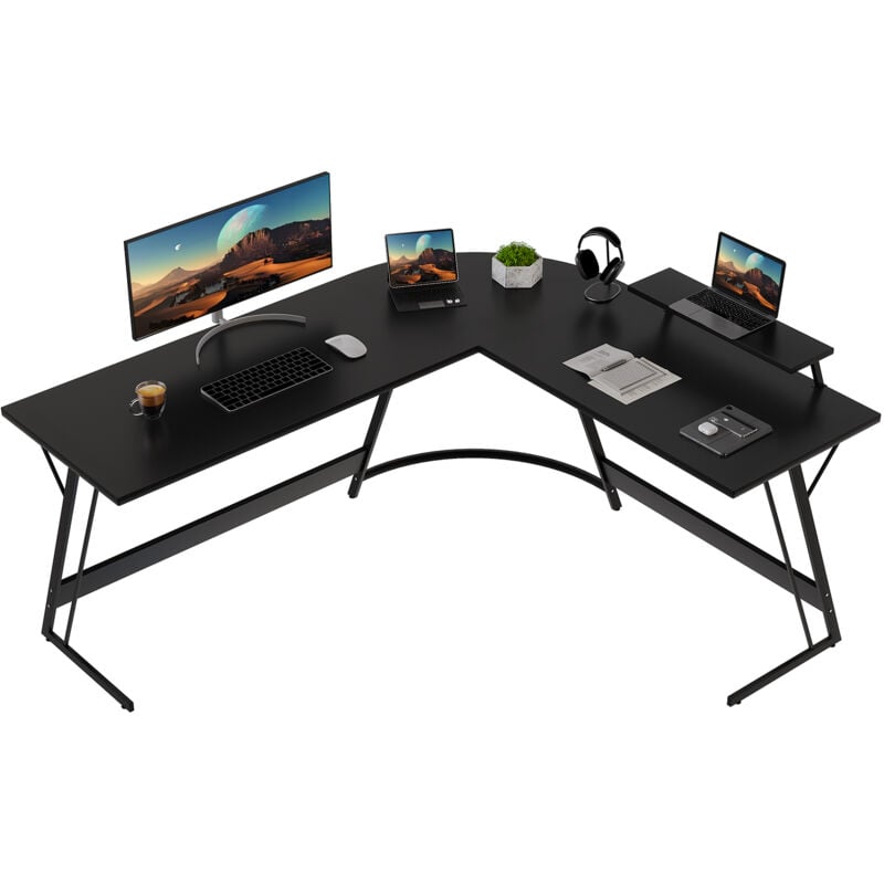 Bureau d'angle Angle en forme de l avec support à deux couches acier ergonomique bois matériel noir 130cm Devoko