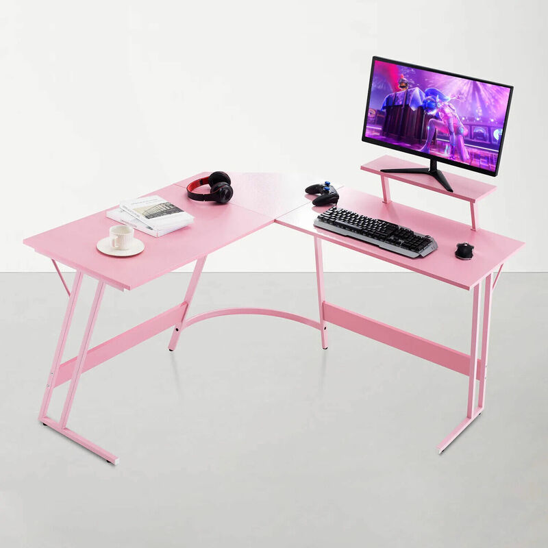 Devoko L-Shaped Computer Desk Large Home Office Writing Workstation Corner Desk Pink