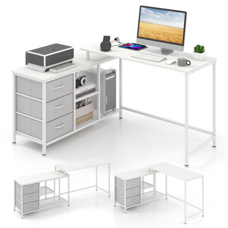 L-Shaped Computer Desk with Drawers, Shelves & Charging Station Home Office Corner Desk
