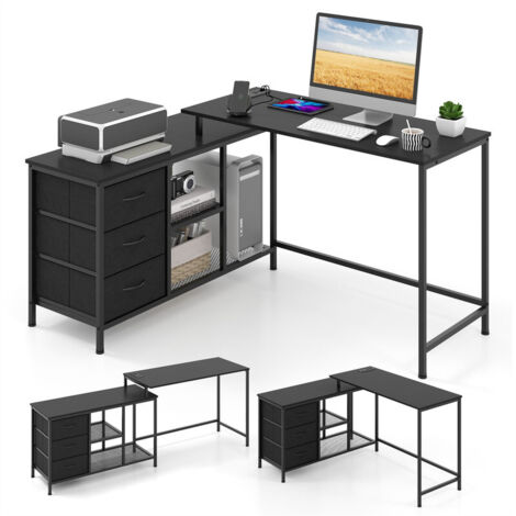 L-Shaped Computer Desk with Drawers, Shelves & Charging Station Home Office Corner Desk